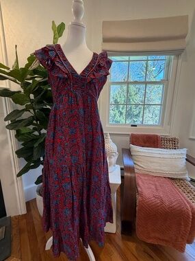Roller Rabbit Red and Blue Floral Ruffle Maxi Dress